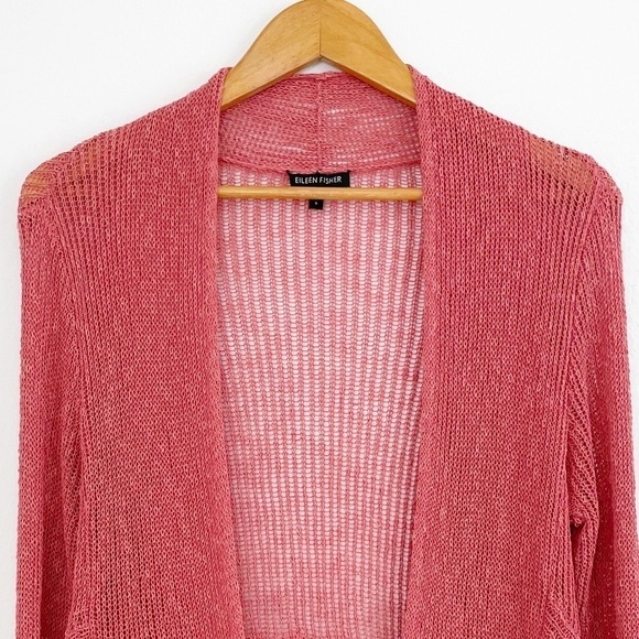 Eileen Fisher Coral Loose Knit Linen Blend Peplum Cardigan Sweater Size Small - Picture 2 of 15